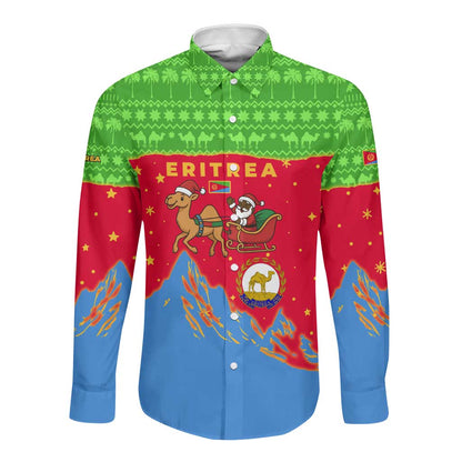 Eritrea Christmas Long Sleeve Button Shirt Santa Claus Camel Sleigh National Emblem - African Pride