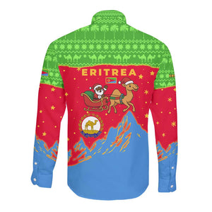 Eritrea Christmas Long Sleeve Button Shirt Santa Claus Camel Sleigh National Emblem - African Pride