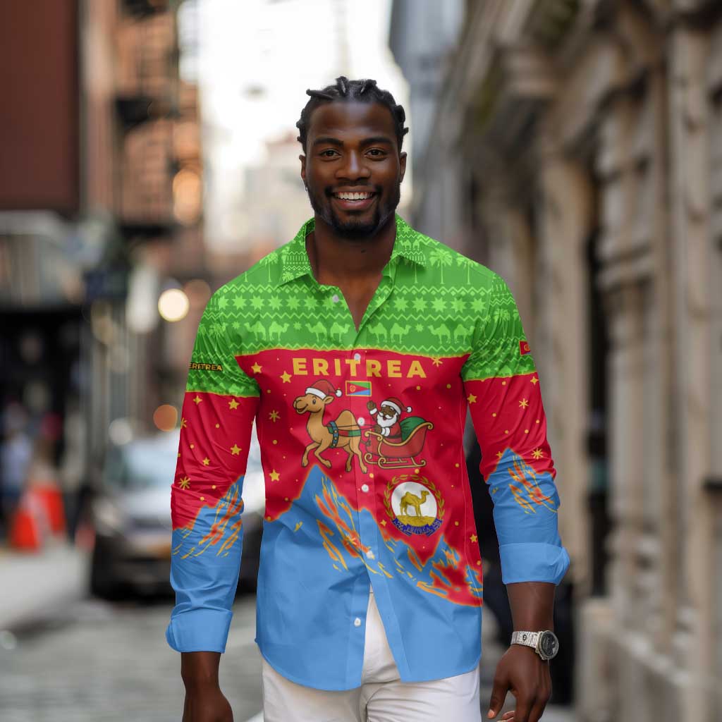 Eritrea Christmas Long Sleeve Button Shirt Santa Claus Camel Sleigh National Emblem - African Pride