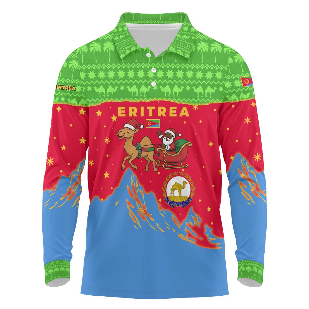 Eritrea Christmas Long Sleeve Polo Shirt Santa Claus Camel Sleigh National Emblem - African Pride