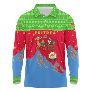 Eritrea Christmas Long Sleeve Polo Shirt Santa Claus Camel Sleigh National Emblem - African Pride