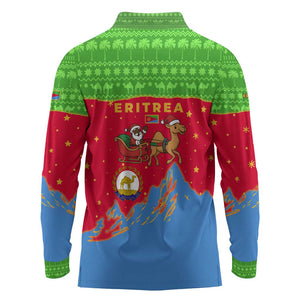 Eritrea Christmas Long Sleeve Polo Shirt Santa Claus Camel Sleigh National Emblem - African Pride