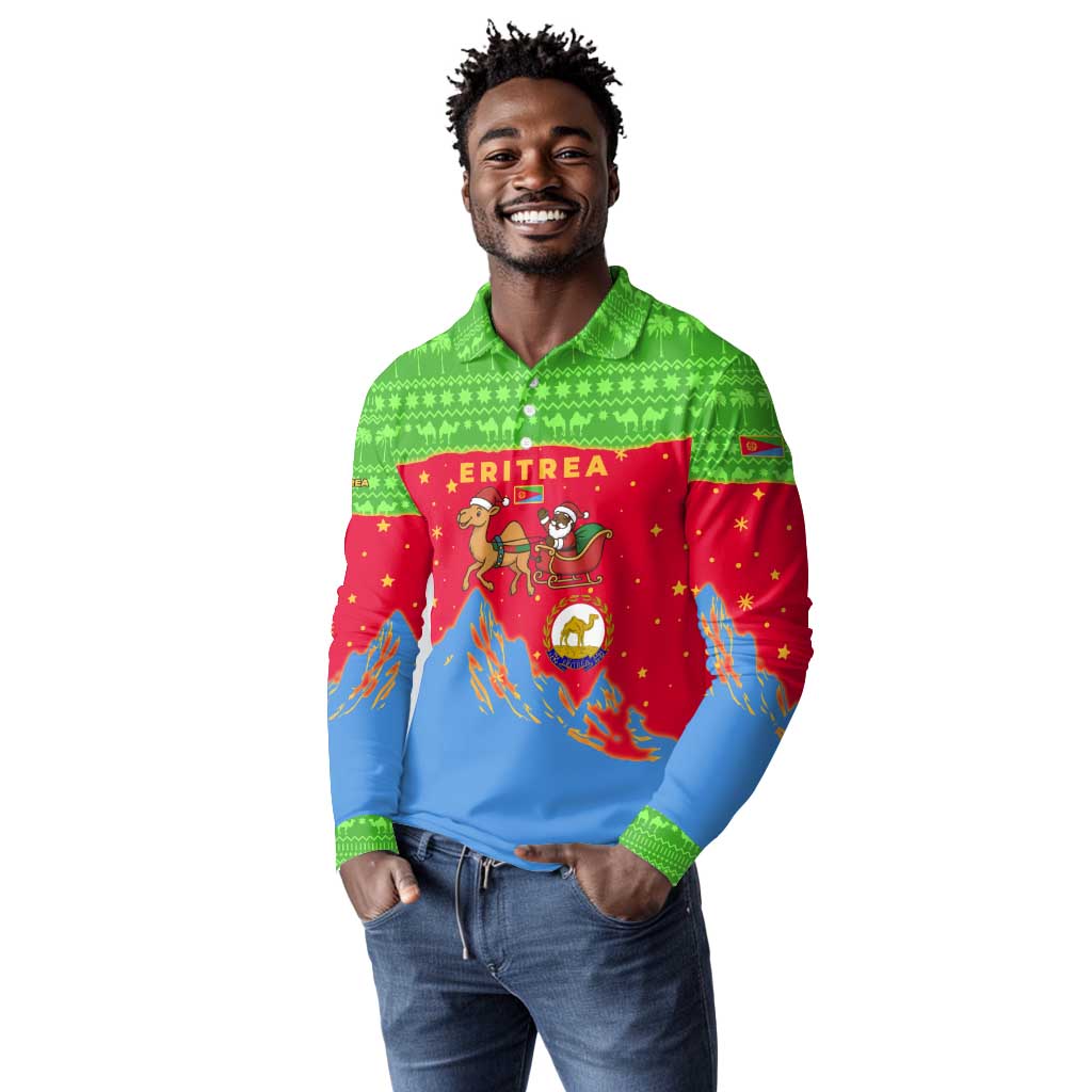 Eritrea Christmas Long Sleeve Polo Shirt Santa Claus Camel Sleigh National Emblem - African Pride