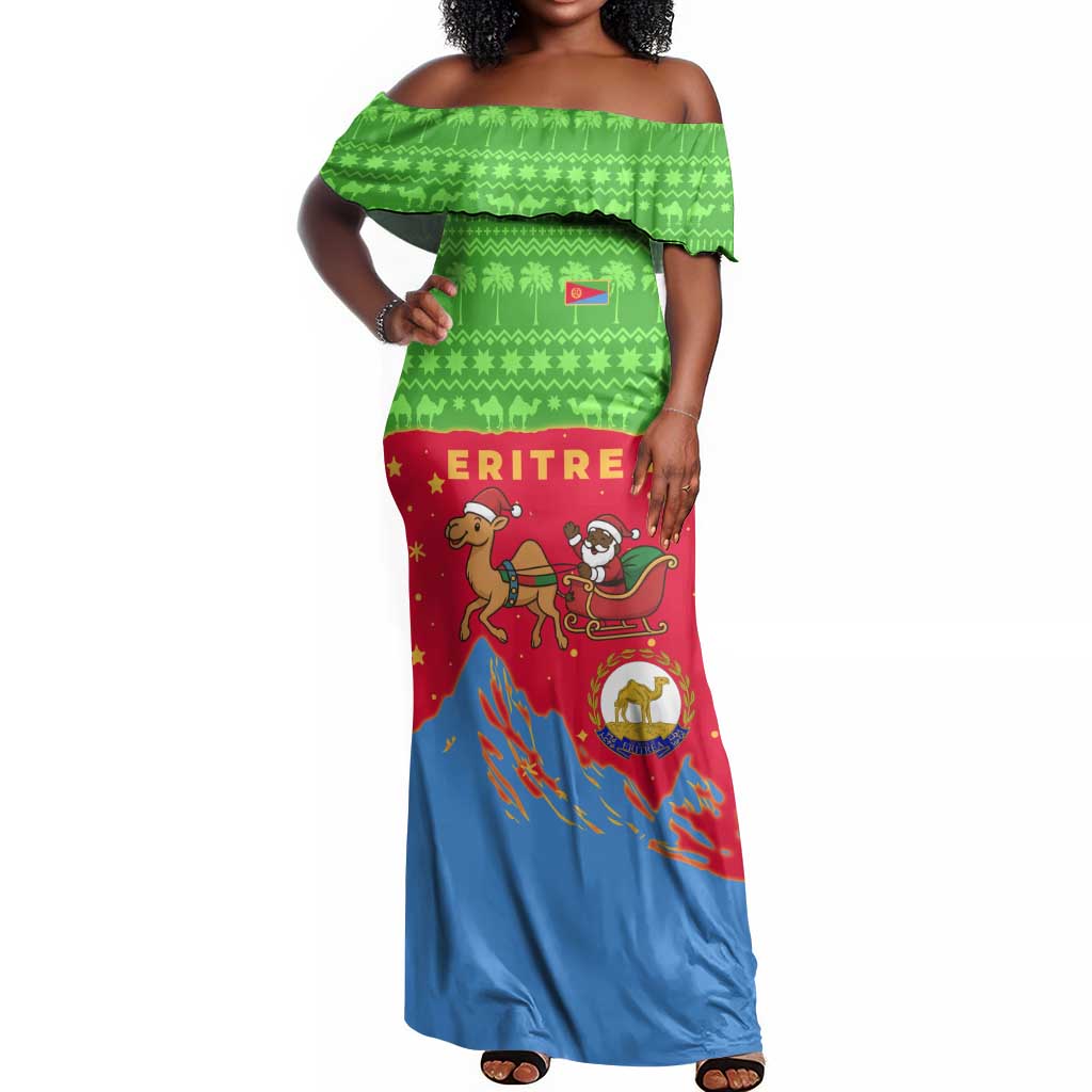 Eritrea Christmas Off Shoulder Maxi Dress Santa Claus Camel Sleigh National Emblem - African Pride