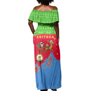 Eritrea Christmas Off Shoulder Maxi Dress Santa Claus Camel Sleigh National Emblem - African Pride
