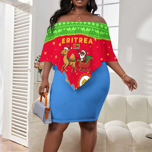 Eritrea Christmas Off Shoulder Short Dress Santa Claus Camel Sleigh National Emblem - African Pride
