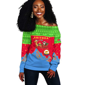 Eritrea Christmas Off Shoulder Sweater Santa Claus Camel Sleigh National Emblem - African Pride