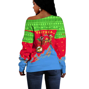 Eritrea Christmas Off Shoulder Sweater Santa Claus Camel Sleigh National Emblem - African Pride