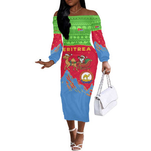 Eritrea Christmas Off The Shoulder Long Sleeve Dress Santa Claus Camel Sleigh National Emblem - African Pride