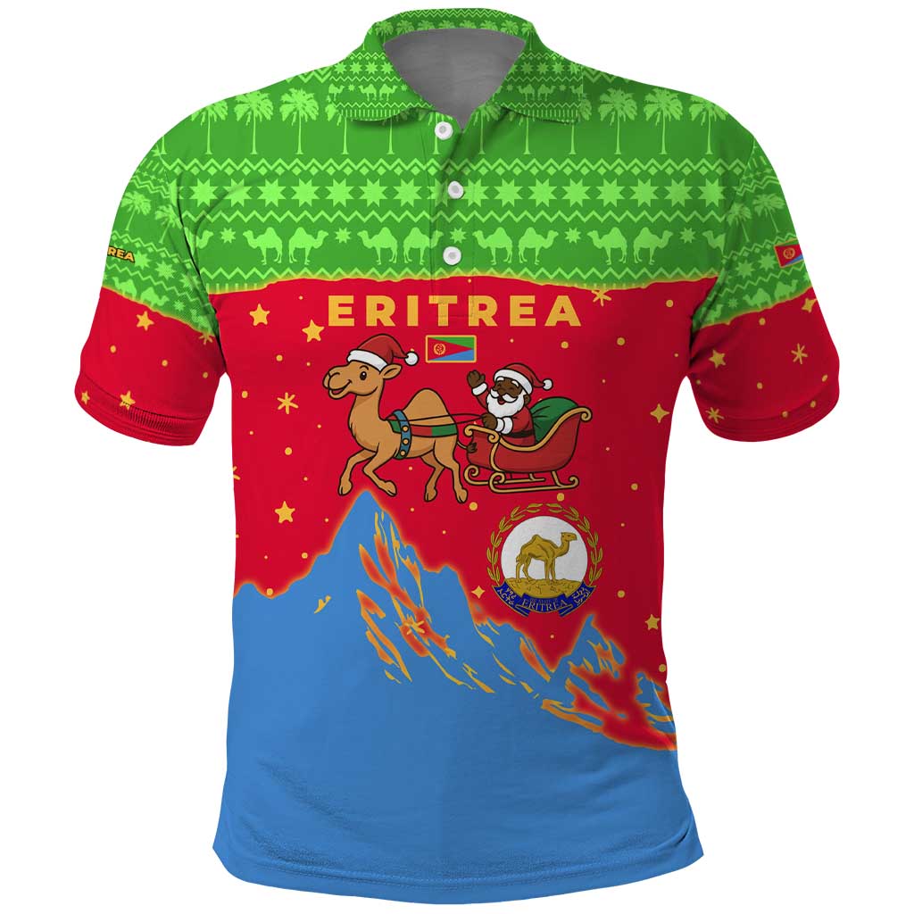 Eritrea Christmas Polo Shirt Santa Claus Camel Sleigh National Emblem - African Pride