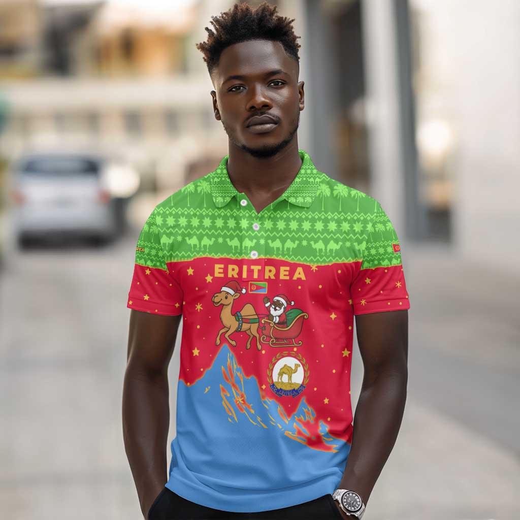 Eritrea Christmas Polo Shirt Santa Claus Camel Sleigh National Emblem - African Pride