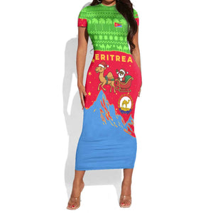 Eritrea Christmas Short Sleeve Bodycon Dress Santa Claus Camel Sleigh National Emblem - African Pride