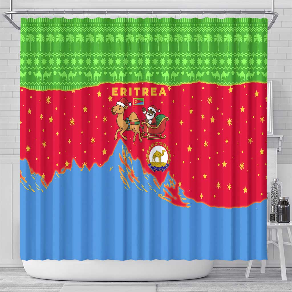 Eritrea Christmas Shower Curtain Santa Claus Camel Sleigh National Emblem - African Pride