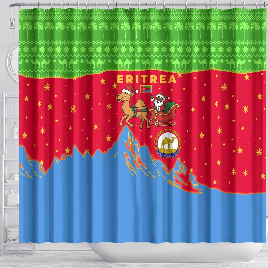 Eritrea Christmas Shower Curtain Santa Claus Camel Sleigh National Emblem - African Pride