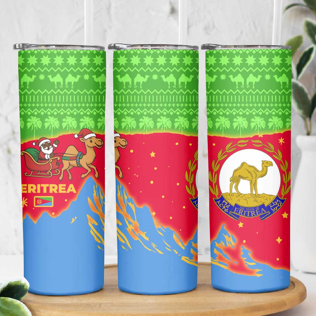 Eritrea Christmas Skinny Tumbler Santa Claus Camel Sleigh National Emblem - African Pride