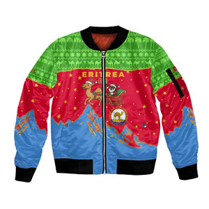 Eritrea Christmas Sleeve Zip Bomber Jacket Santa Claus Camel Sleigh National Emblem - African Pride