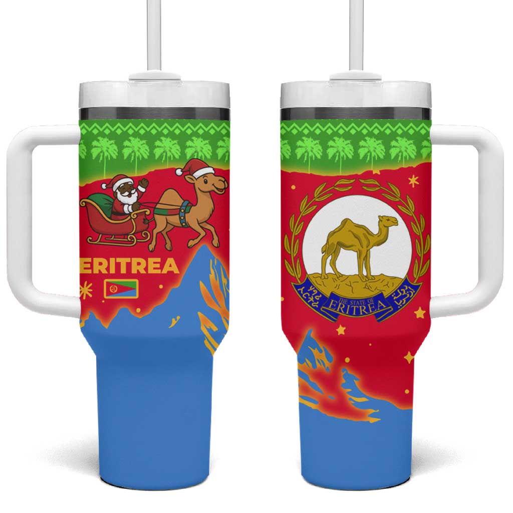 Eritrea Christmas Tumbler With Handle Santa Claus Camel Sleigh National Emblem - African Pride