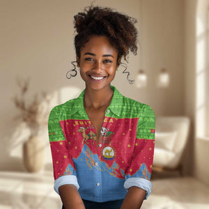 Eritrea Christmas Women Casual Shirt Santa Claus Camel Sleigh National Emblem - African Pride