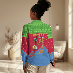 Eritrea Christmas Women Casual Shirt Santa Claus Camel Sleigh National Emblem - African Pride