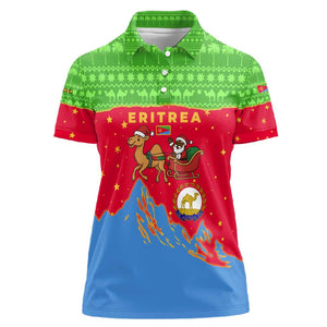 Eritrea Christmas Women Polo Shirt Santa Claus Camel Sleigh National Emblem - African Pride