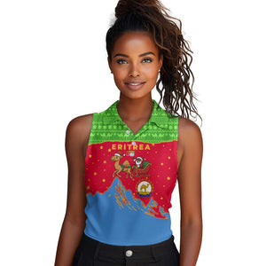 Eritrea Christmas Women Sleeveless Polo Shirt Santa Claus Camel Sleigh National Emblem - African Pride