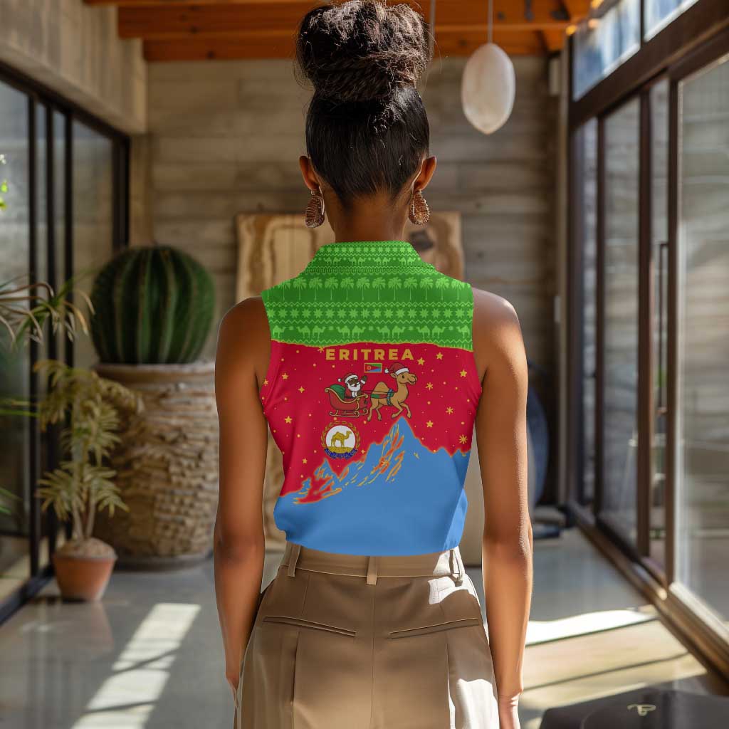 Eritrea Christmas Women Sleeveless Polo Shirt Santa Claus Camel Sleigh National Emblem - African Pride