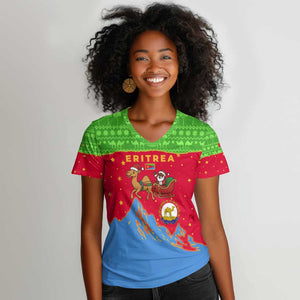 Eritrea Christmas Women V-Neck T-Shirt Santa Claus Camel Sleigh National Emblem - African Pride