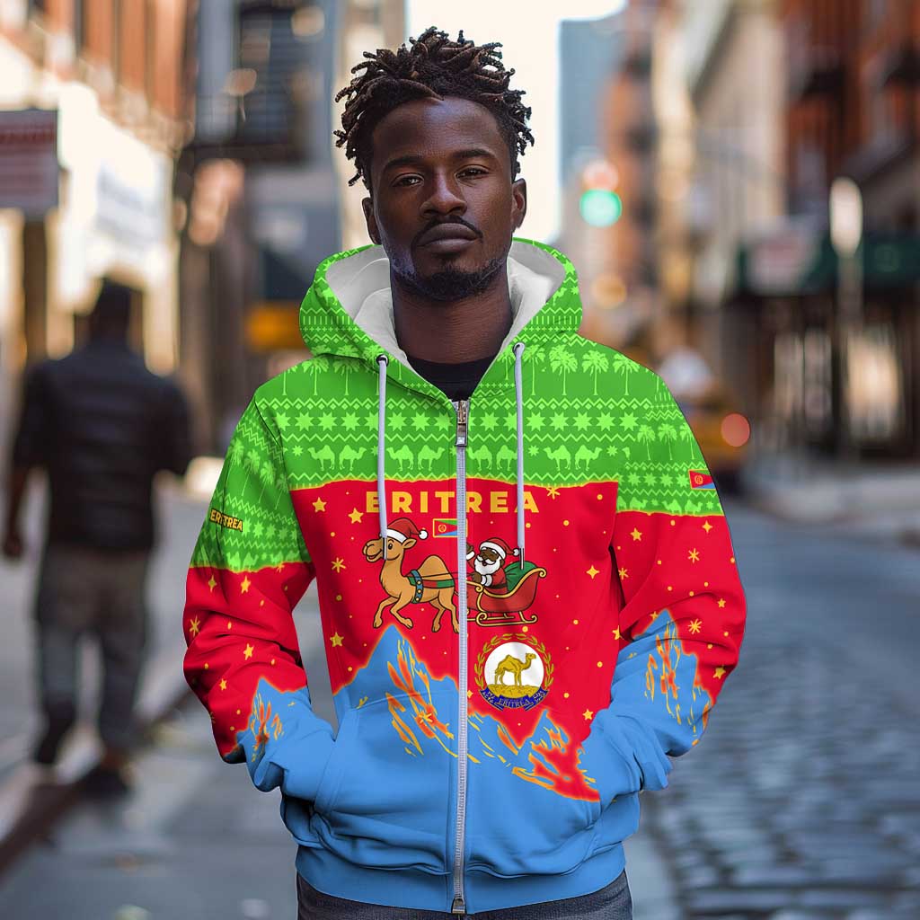 Eritrea Christmas Zip Hoodie Santa Claus Camel Sleigh National Emblem - African Pride