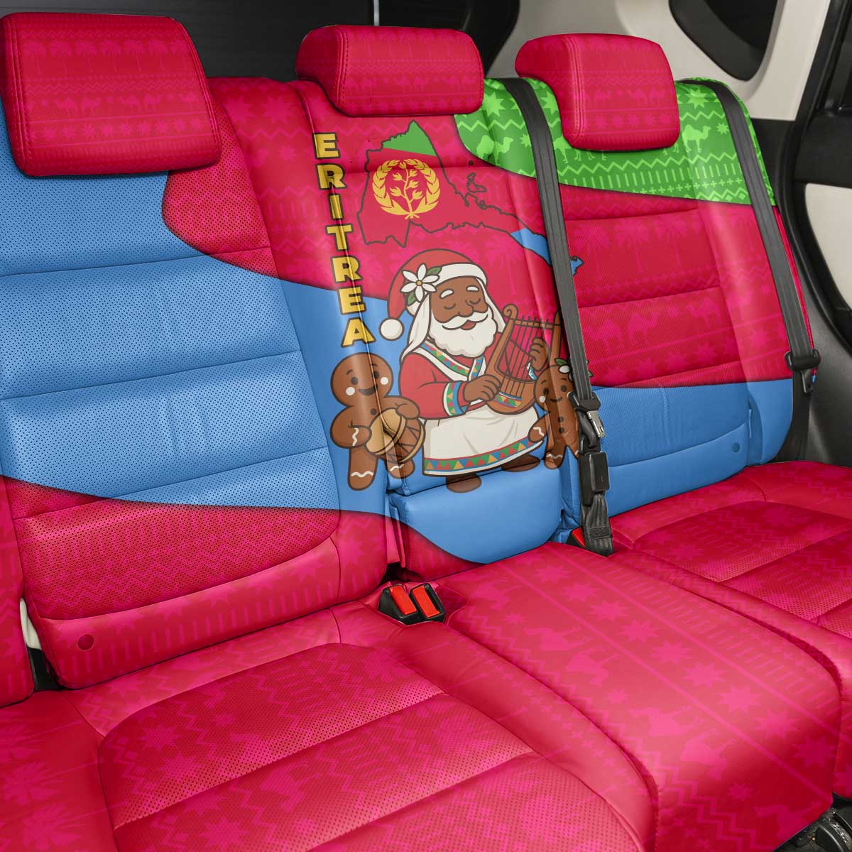 Eritrea Christmas Back Car Seat Cover African Santa Gingerbread Harp National Flag Colors - African Pride