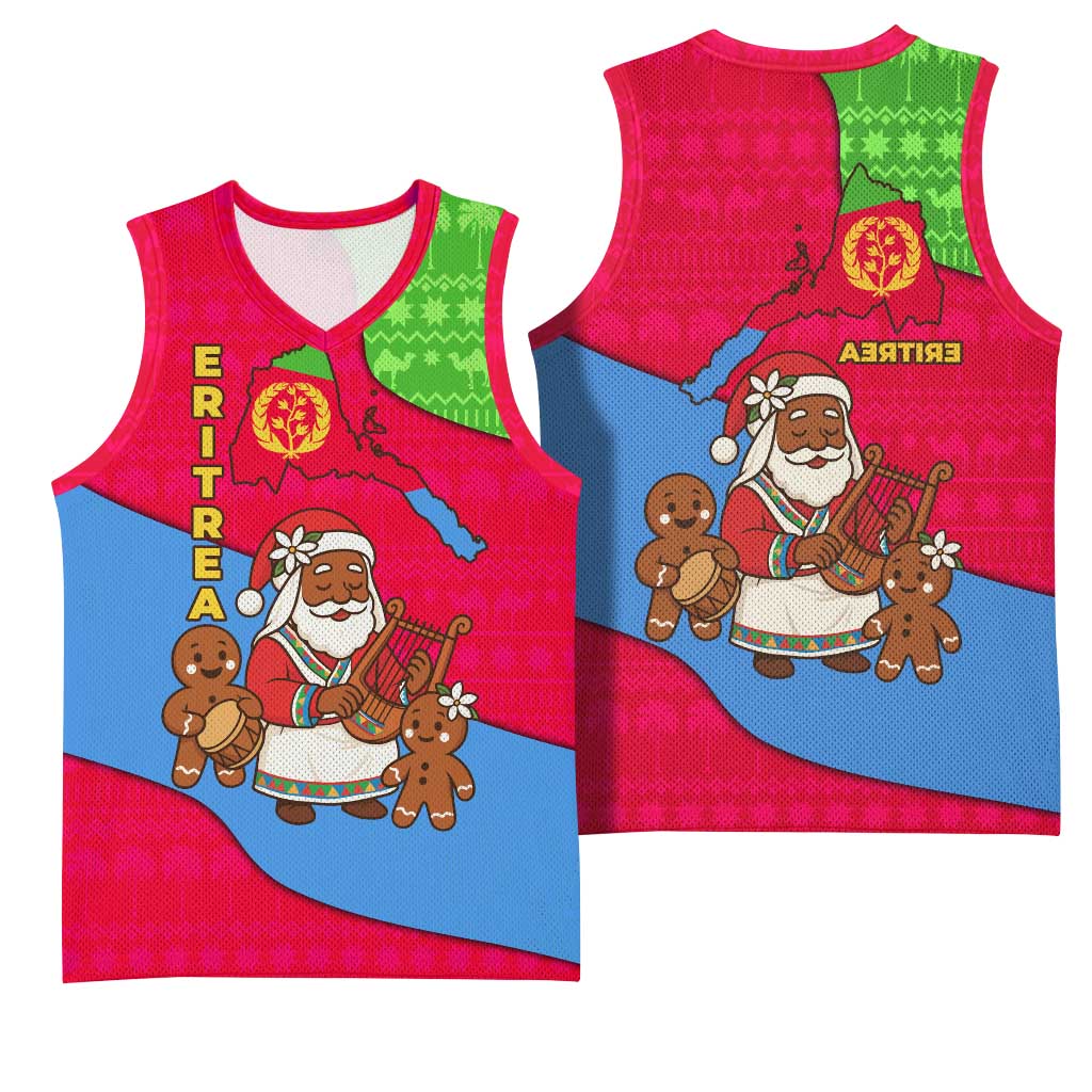 Eritrea Christmas Basketball Jersey African Santa Gingerbread Harp National Flag Colors - African Pride