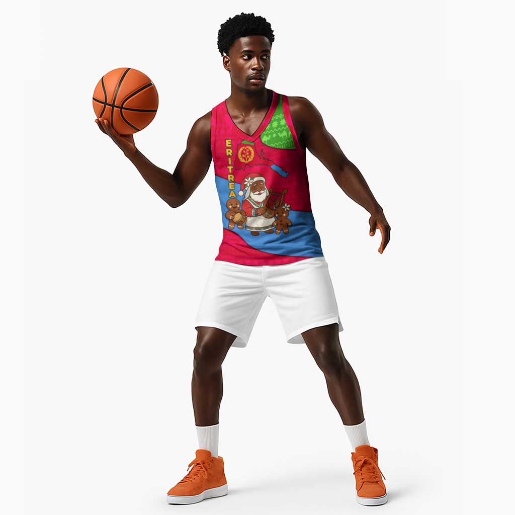 Eritrea Christmas Basketball Jersey African Santa Gingerbread Harp National Flag Colors - African Pride