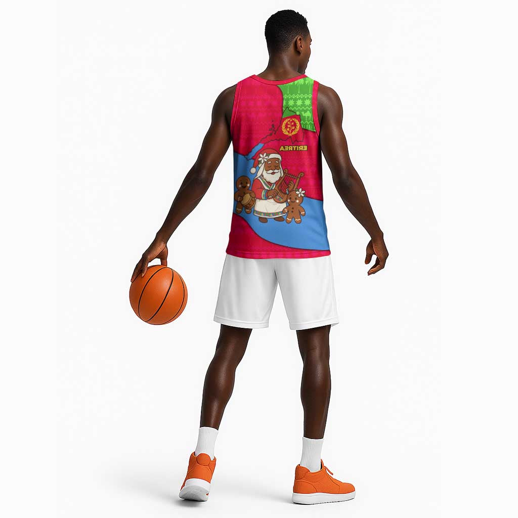 Eritrea Christmas Basketball Jersey African Santa Gingerbread Harp National Flag Colors - African Pride