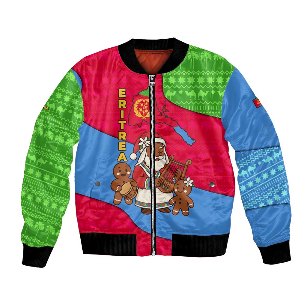 Eritrea Christmas Bomber Jacket African Santa Gingerbread Harp National Flag Colors - African Pride