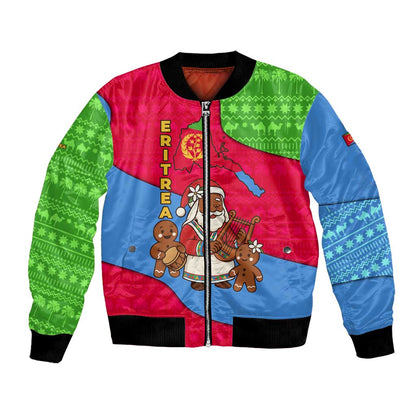Eritrea Christmas Bomber Jacket African Santa Gingerbread Harp National Flag Colors - African Pride
