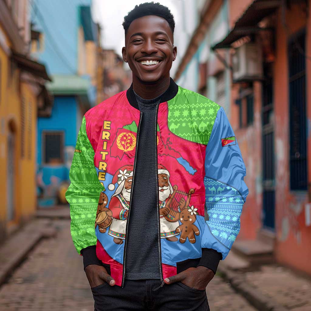 Eritrea Christmas Bomber Jacket African Santa Gingerbread Harp National Flag Colors - African Pride