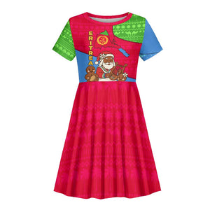 Eritrea Christmas Kid Short Sleeve Dress African Santa Gingerbread Harp National Flag Colors - African Pride