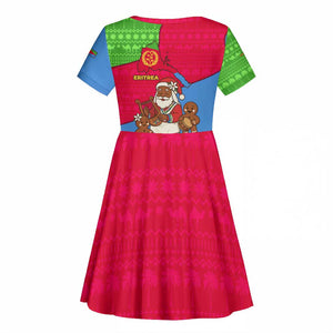 Eritrea Christmas Kid Short Sleeve Dress African Santa Gingerbread Harp National Flag Colors - African Pride