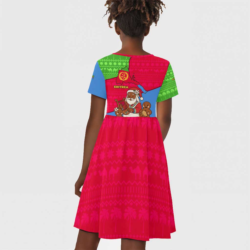 Eritrea Christmas Kid Short Sleeve Dress African Santa Gingerbread Harp National Flag Colors - African Pride