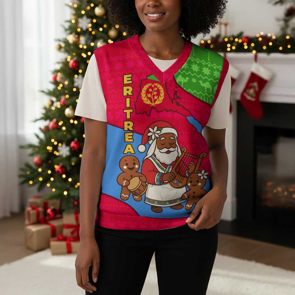 Eritrea Christmas Knitted V-Neck Vest African Santa Gingerbread Harp National Flag Colors - African Pride