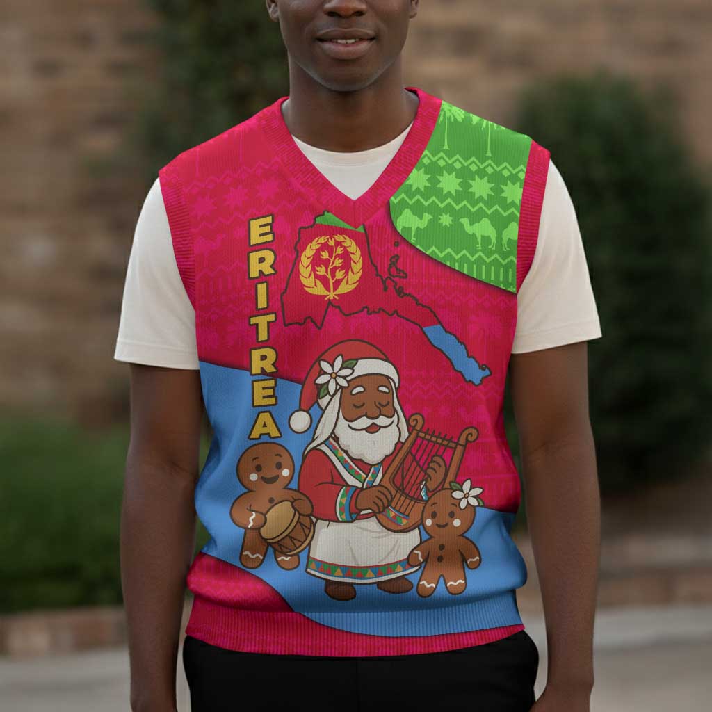 Eritrea Christmas Knitted V-Neck Vest African Santa Gingerbread Harp National Flag Colors - African Pride