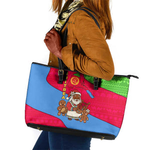 Eritrea Christmas Leather Tote Bag African Santa Gingerbread Harp National Flag Colors - African Pride