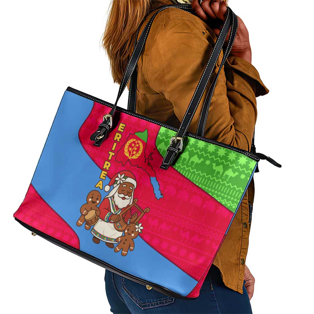 Eritrea Christmas Leather Tote Bag African Santa Gingerbread Harp National Flag Colors - African Pride