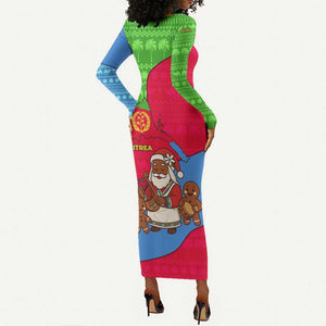 Eritrea Christmas Long Sleeve Bodycon Dress African Santa Gingerbread Harp National Flag Colors - African Pride