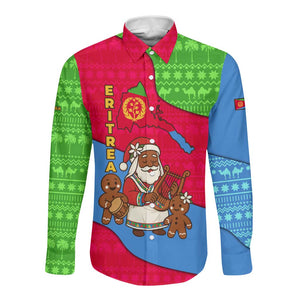 Eritrea Christmas Long Sleeve Button Shirt African Santa Gingerbread Harp National Flag Colors - African Pride