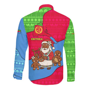 Eritrea Christmas Long Sleeve Button Shirt African Santa Gingerbread Harp National Flag Colors - African Pride