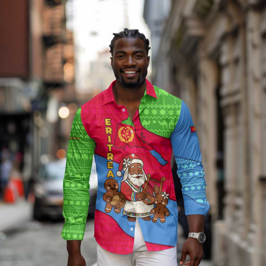 Eritrea Christmas Long Sleeve Button Shirt African Santa Gingerbread Harp National Flag Colors - African Pride