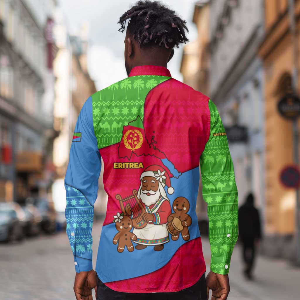Eritrea Christmas Long Sleeve Button Shirt African Santa Gingerbread Harp National Flag Colors - African Pride