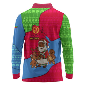 Eritrea Christmas Long Sleeve Polo Shirt African Santa Gingerbread Harp National Flag Colors - African Pride