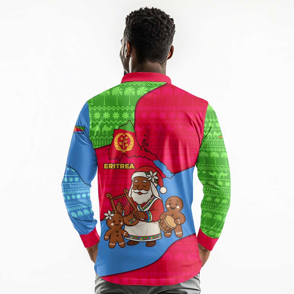 Eritrea Christmas Long Sleeve Polo Shirt African Santa Gingerbread Harp National Flag Colors - African Pride