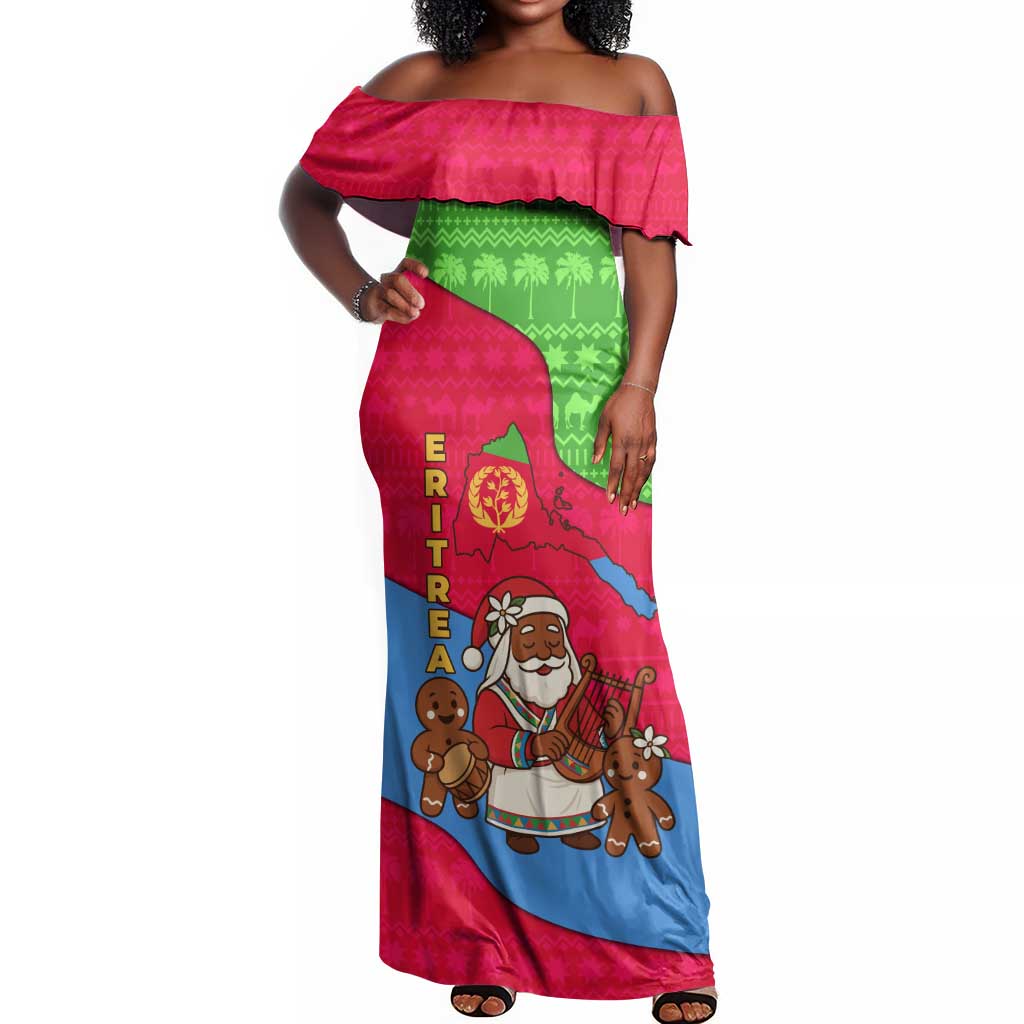 Eritrea Christmas Off Shoulder Maxi Dress African Santa Gingerbread Harp National Flag Colors - African Pride